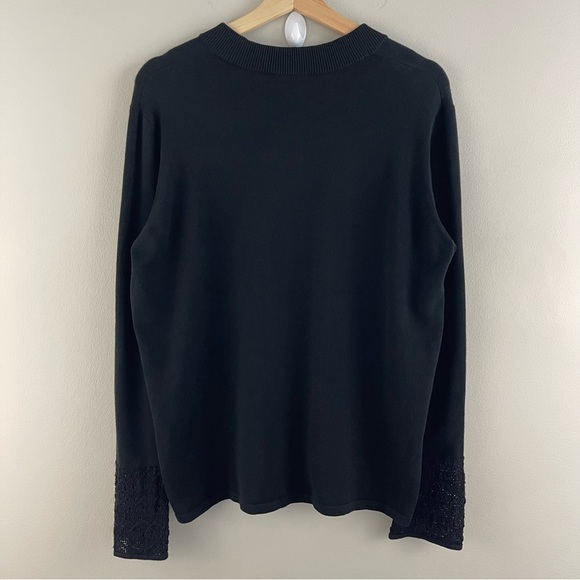 AKRIS PUNTO Women’s Black Cotton V Neck Casual Crochet Bell Sleeve Sweater - Picture 7 of 9